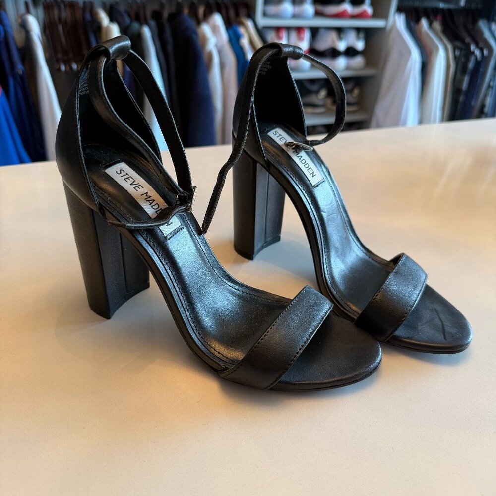 NWOT Steve Madden Black Leather Strappy Heels | Size 7.5 Women